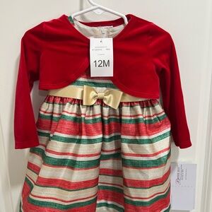 🎅 Bonnie Jean Red and Gold Striped Baby Dress with Bolero